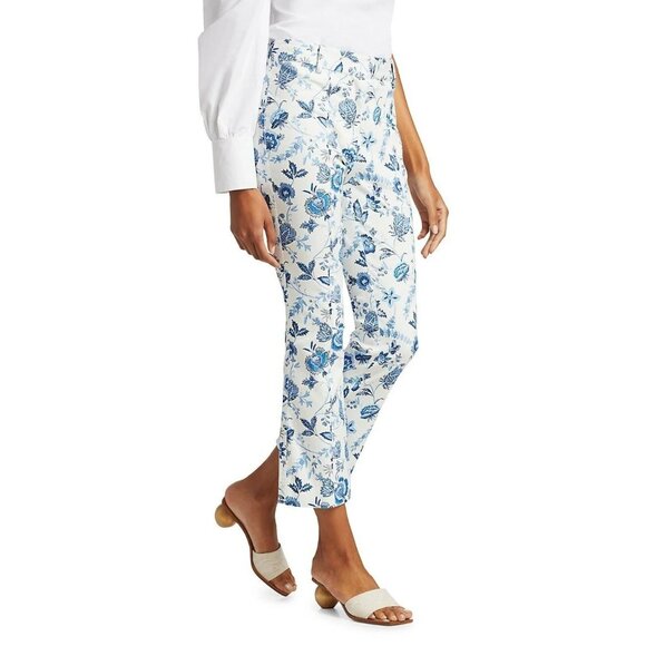 DEREK LAM 10 CROSBY Meloe White Blue Floral Stretch Twill Cropped Pants, Size 2 - Picture 3 of 16